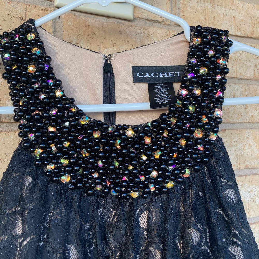 CACHE Long Maxi Black Lace and Tan Mesh-like beaded Evening Event Prom Dress - Picture 3 of 7